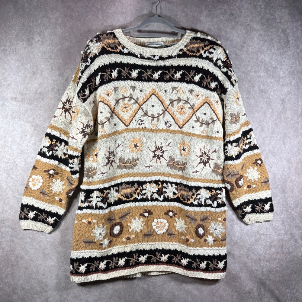 Vintage Jennifer Reed Sweater Womens Large Beige Floral Hand Knitted Heavy Boho